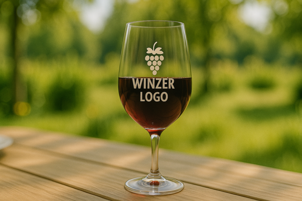 Ein bedrucktes Rotweinglas steht auf einem hölzernen Tisch. Das Rotweinglas ist mit einem Winzer Logo bedruckt.