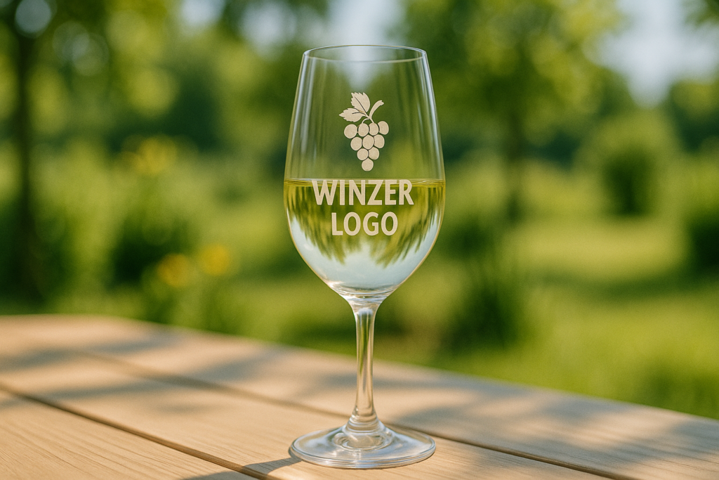 Ein bedrucktes Weißweinglas auf einem hölzernen Tisch. Das Glas ist mit einem Winzer Logo bedruckt.